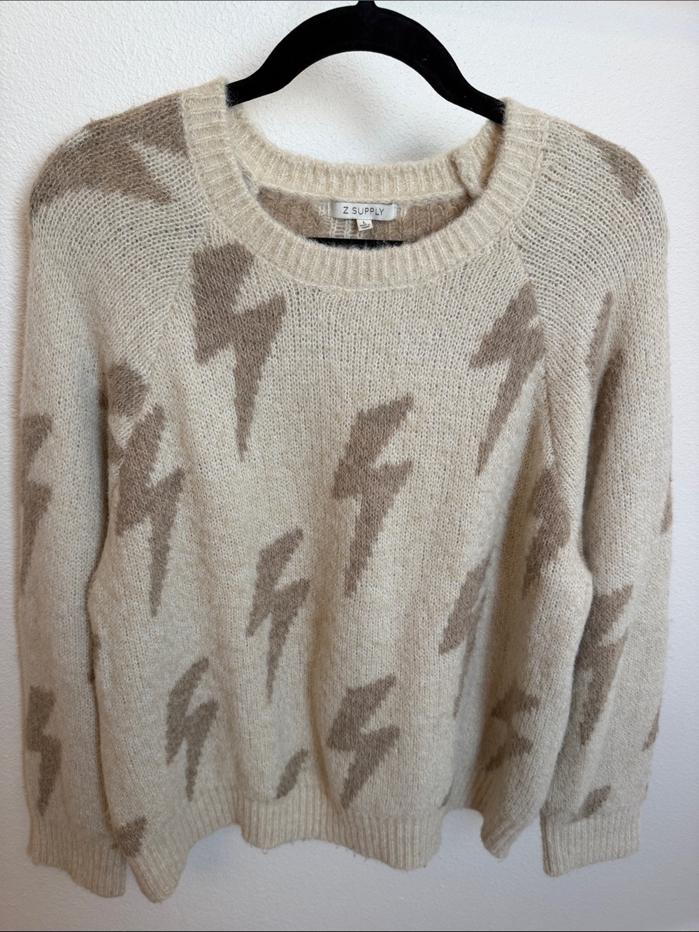 Z Supply Women’s Beige Crewneck Sweater with Taupe Lightning Bolts